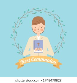 First Holy Communion Invitation With Kid Holding Bible. Vector Illustration