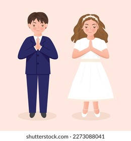 first Holy Communion praying girl and boy - vector illustration