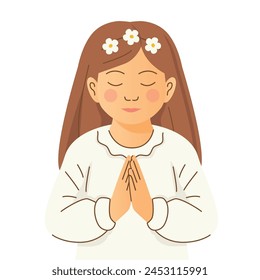 first holy communion praying girl; for invitations and greeting cards - vector illustration