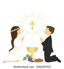 First holy communion sacrament. Small caucasian boy and girl praying on knees.