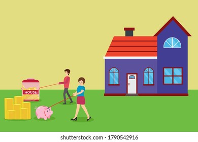 Concepto vectorial de gestión de la inversión familiar: un par tirando de la pila de monedas y del banco de cerdo a su nueva casa