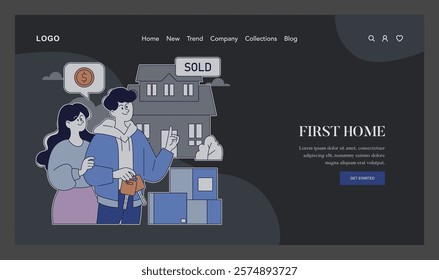 First Home concept. A couple celebrates purchasing a new house, symbolizing a milestone in life. Content homeownership joy. Vector illustration.