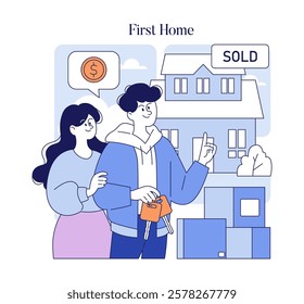 First Home concept. A happy couple stands before their new house with a sold sign, keys in hand, starting a new chapter. Vector illustration.