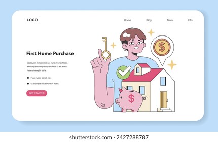 First Home Purchase concept. Young adult achieving property ownership, holding key with a piggy bank savings. Real estate investment. Flat vector illustration