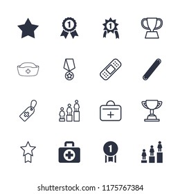 First icon. collection of 16 first filled and outline icons such as star, ranking, bandage, number 1 medal, medical cross tag, trophy. editable first icons for web and mobile.