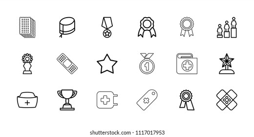 First icon. collection of 18 first outline icons such as star, award, ranking, nurse hat, bandage, ribbon, trophy, star trophy. editable first icons for web and mobile.