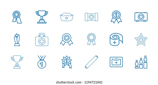 First icon. collection of 18 first outline icons such as award, ranking, medal, case with heart, medical kit, bandage, trophy. editable first icons for web and mobile.