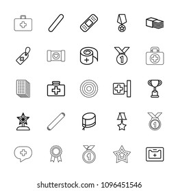 First icon. collection of 25 first outline icons such as trophy, medal, medical cross, medical cross tag, bandage, medical kit. editable first icons for web and mobile.