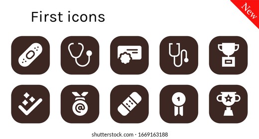 primer conjunto de iconos. 10 primeros iconos rellenos. Incluye íconos de escayola, estetioscopio, recompensa, trofeo, éxito, medalla, bandidaje, distintivo
