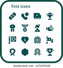  first icon set. 16 filled first icons. Simple modern icons about  - Bandage, Emergency call, Ambulance, Trophy, Badge, Medal, Bandaged finger, Red cross, Defibrillator, Ribbon