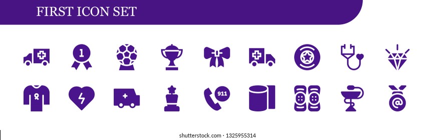first icon set. 18 filled first icons.  Collection Of - Ambulance, Quality, Award, Trophy, Ribbon, Badge, Stethoscope, Defibrillator, Emergency call, Bandages, Kneepad, Pharmacy