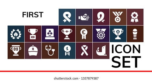 first icon set. 19 filled first icons.  Collection Of - Ribbon, Awards, Trophy, Stethoscope, Quality, Seal, Award, Prize, Medal, Bandaged finger, Badge