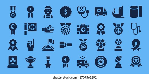 first icon set. 32 filled first icons. Included Medal, Prize, Quality, Award, Badge, Red cross, Promise, Trophy, Checker, Bandaged finger, Achievement, Competition, Stethoscope icons