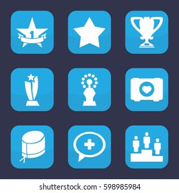 first icon. Set of 9 filled first icons such as a star, a case with heart, a nurse hat, etc.