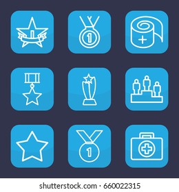 First icon. set of 9 outline first icons such as star, bandage, medal, ranking, 1st place star, trophy, number 1 medal, medal with star