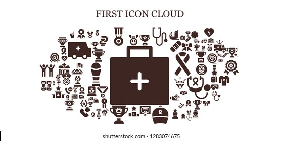  first icon set. 93 filled first icons. Simple modern icons about  - Emergency kit, Medal, Quality, Trophy, Stethoscope, Merit, Ribbon, Podium, Award, Kneepad, Promise, Pharmacy