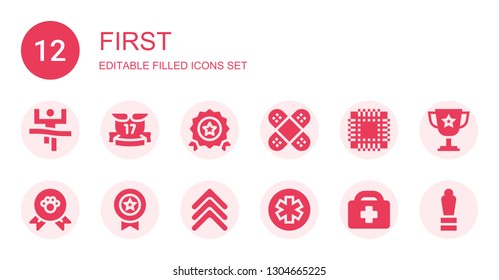 first icon set. Collection of 12 filled first icons included Winner, Ribbons, Quality, Bandage, Patch, Medal, Rank, Pharmacy, Healthcare, Trophy, Award