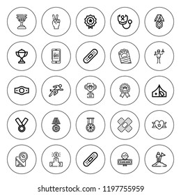 First icon set. collection of 25 outline first icons with bandage, champion belt, competition, emergency call, goblet, medal, pharmacy, overcome, ribbon icons. editable icons.
