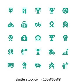 first icon set. Collection of 25 filled first icons included Conquer, Rank, Red cross, Medals, Award, Success, Ambulance, Trophy, Medal, Prize, Quality, Healthcare, Winner, Ribbon