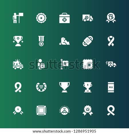 first icon set. Collection of 25 filled first icons included Ribbon, Paw ribbon, Paramount, Patch, Medal, Emergency call, Trophy, Laurel, Ambulance, Doctor, Bandage, Seal, Award