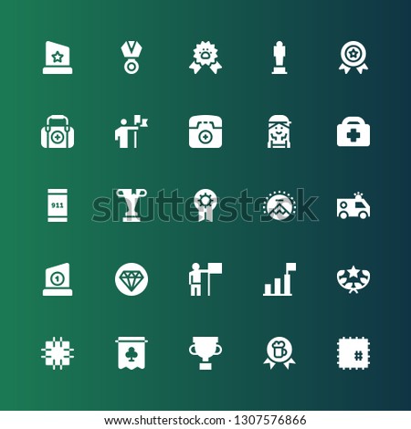 first icon set. Collection of 25 filled first icons included Patch, Award, Trophy, Banner, Success, Quality, Ambulance, Paramount, Prize, Emergency call, Healthcare, Checker, Emergency phone
