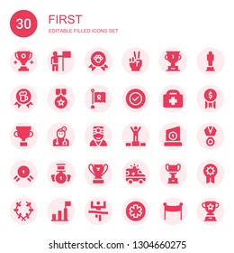 first icon set. Collection of 30 filled first icons included Trophy, Success, Winner, Victory, Award, Medal, Ribbon, Healthcare, Doctor, Ambulance, Prize, Laurel, Pharmacy, Banner