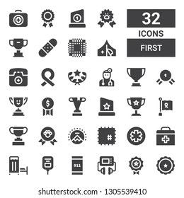 first icon set. Collection of 32 filled first icons included Ribbon, Medal, Defibrillator, Emergency call, Saline, Medical room, First aid, Pharmacy, Patch, Paramount, Winner