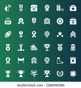 first icon set. Collection of 36 filled first icons included Patch, Laurel, Trophy, Winner, Banner, Broken leg, Medal, Ribbon, Checker, Ambulance, Rank, Award, Bandage, First aid