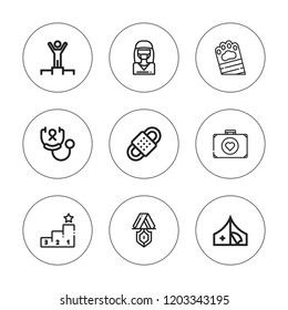 First icon set. collection of 9 outline first icons with bandage, first aid, medal, red cross, surgeon, win, stethoscope icons. editable icons.