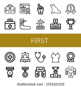 first icon set. Collection of First aid kit, Reward, Bandage, Foam hand, Prize, Seal, Clinic, Gold medal, Trophy, Red cross, Badge, Medal, Stethoscope, Defibrillator, Top icons