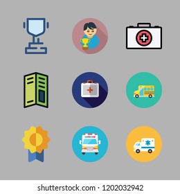 first icon set. vector set about pamphlet, school bus, winner and ambulance icons set.