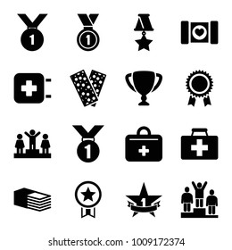 First icons. set of 16 editable filled first icons such as ranking, medal, first aid kit, bandage, 1st place star, trophy, number 1 medal, award, case with heart