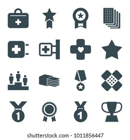 First icons. set of 16 editable filled first icons such as star, medal, medical cross, first aid kit, bandage, trophy, ranking, medal with star