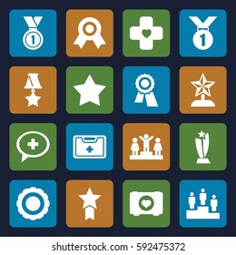 first icons set. Set of 16 first filled icons such as Star, award, ranking, case with heart, medical kit, medical cross, bandage, medal, trophy, star trophy