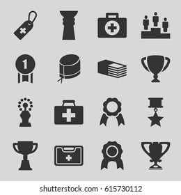 First icons set. set of 16 first filled icons such as trophy, medical cross tag, bandage, medical kit, nurse hat, ribbon, ranking, number 1 medal, medal with star