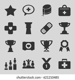 First icons set. set of 16 first filled icons such as Star, ranking, trophy, case with heart, first aid kit, bandage, nurse hat, medical cross, ribbon