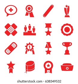 First icons set. set of 16 first filled icons such as award, bandage, nurse hat, medical cross, ranking, medal, trophy, number 1 medal