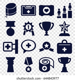 First icons set. set of 16 first filled icons such as ranking, trophy, case with heart, medical cross, medical kit, nurse hat, first aid kit, bandage, medal, star trophy