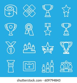 First icons set. set of 16 first outline icons such as award, ranking, trophy, medical kit, bandage, 1st place star, medal with star