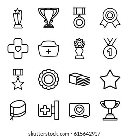 First icons set. set of 16 first outline icons such as Star, case with heart, medical cross, bandage, nurse hat, medal, trophy, medal with star