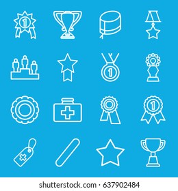 First icons set. set of 16 first outline icons such as star, award, trophy, first aid kit, medical cross tag, nurse hat, bandage, medal, ranking, number 1 medal
