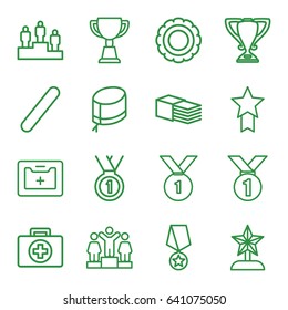 First icons set. set of 16 first outline icons such as ranking, trophy, bandage, medical kit, nurse hat, star trophy, number 1 medal, medal with star, first aid