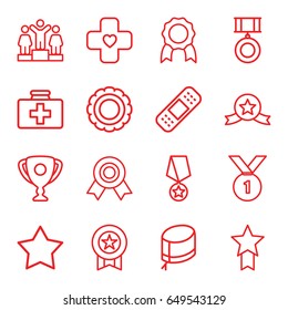 First icons set. set of 16 first outline icons such as star, ranking, first aid kit, bandage, nurse hat, medal, trophy, number 1 medal, medal with star