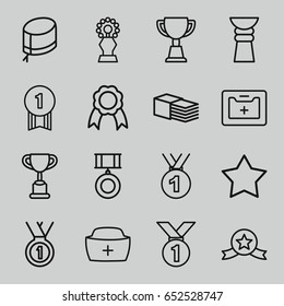 First icons set. set of 16 first outline icons such as star, trophy, bandage, medical kit, nurse hat, ribbon, medal, number 1 medal