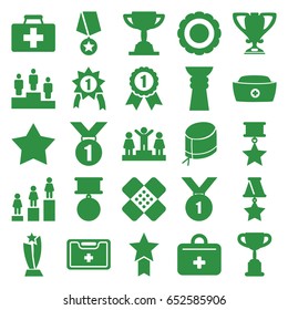 First icons set. set of 25 first filled icons such as star, ranking, first aid kit, medical kit, nurse hat, bandage, trophy, medal, award, number 1 medal