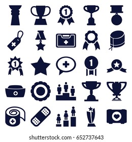 First icons set. set of 25 first filled icons such as star, ranking, case with heart, medical cross tag, bandage, medical kit, nurse hat, medical cross, ribbon, trophy, medal