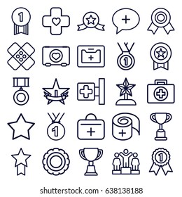 First icons set. set of 25 first outline icons such as star, ranking, trophy, case with heart, medical cross, medical kit, bandage, medal, 1st place star, number 1 medal