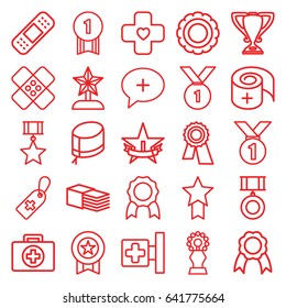 First icons set. set of 25 first outline icons such as award, medical cross, medical cross tag, bandage, nurse hat, ribbon, medal, trophy, 1st place star, star trophy