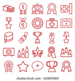 First icons set. set of 25 first outline icons such as star, award, ranking, case with heart, first aid kit, medical cross, medical cross tag, bandage, medical kit, nurse hat