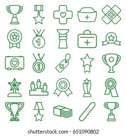 First icons set. set of 25 first outline icons such as award, trophy, case with heart, medical cross tag, bandage, nurse hat, first aid kit, medal, ranking, star trophy